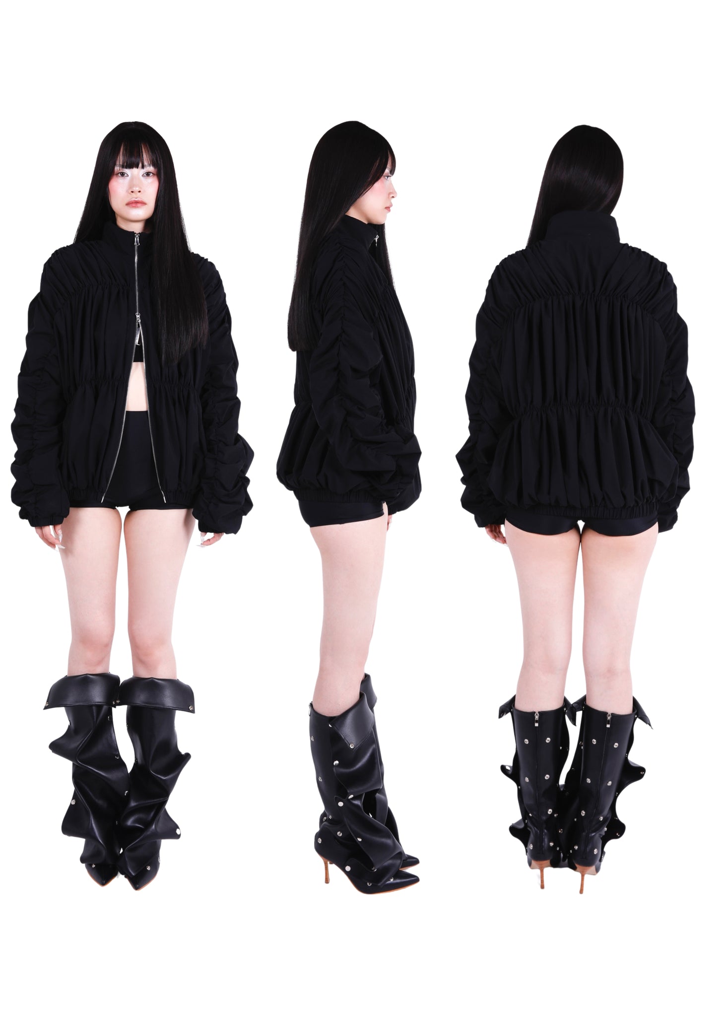 Ives Nylon Ruched Bomber Jacket